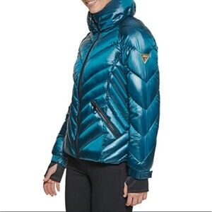 Guess quilted puffer green jacket w thumb holes sz M